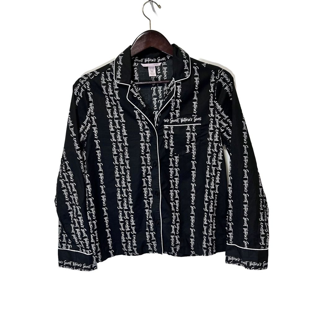 Victoria's Secret Sleepwear Pajama Top Women XS Black Logo Stripe Collar Button